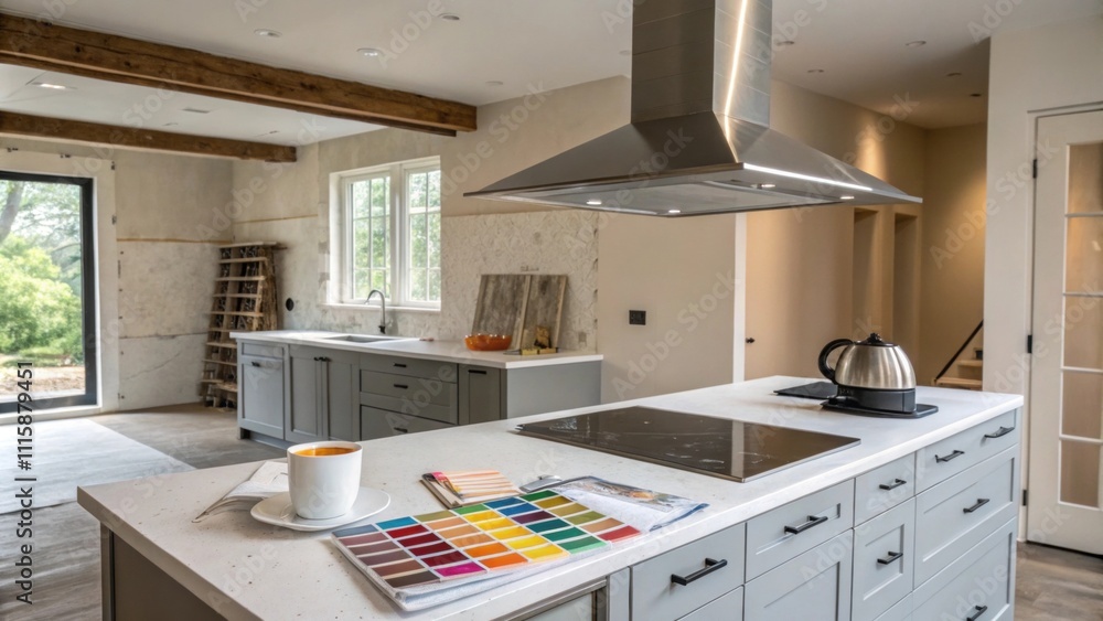 Aufkleber a partially renovated kitchen with a new hood vent resting on a kitchen island juxtaposed with an ar