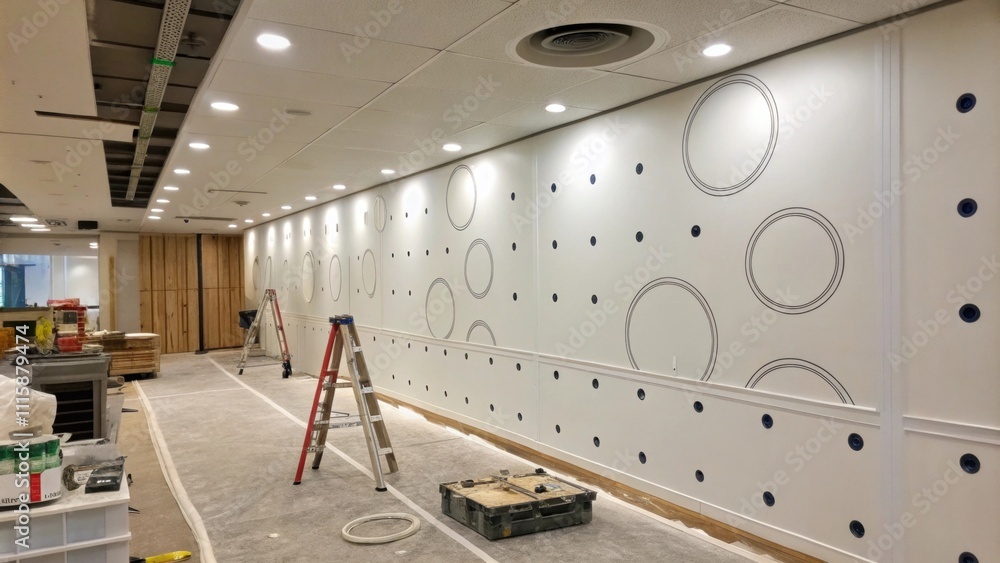 Aufkleber A partially painted wall featuring evenly spaced circular outlines indicating where the recessed lights will be installed surrounded by a clean workspace with tools and materials.