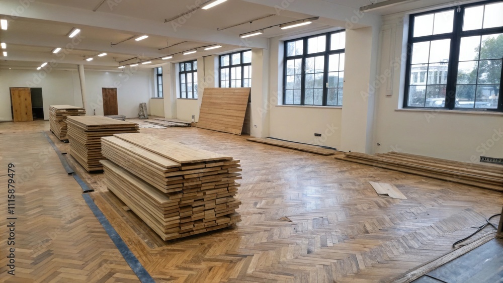 Poster a partially finished space where piles of parquet boards are neatly stacked against one wall ready f