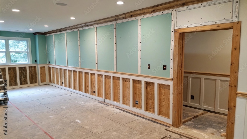 Aufkleber A partially redone wall with fresh paint and exposed studs where an empty space indicates where a new cabinet will soon be installed.