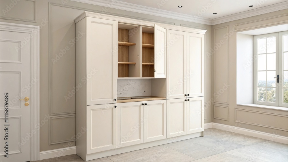 Poster a partially installed cabinet faces a wall painted in a light airy hue echoing the minimalist style 
