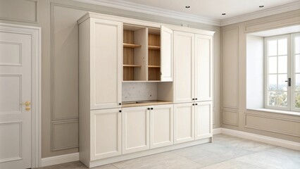Fototapeta premium A partially installed cabinet faces a wall painted in a light airy hue echoing the minimalist style aimed for in the final kitchen design.