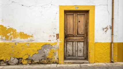 Fototapeta premium A partially painted door showing a stark contrast between the raw wood and bright yellow paint set against a white wall with signs of prior renovations.