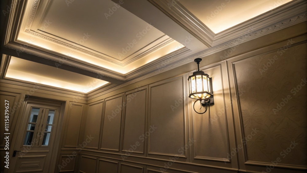 Poster An unobtrusive corner showcasing a single light fixture as the only source of illumination highlighting the incomplete ceiling molding above.