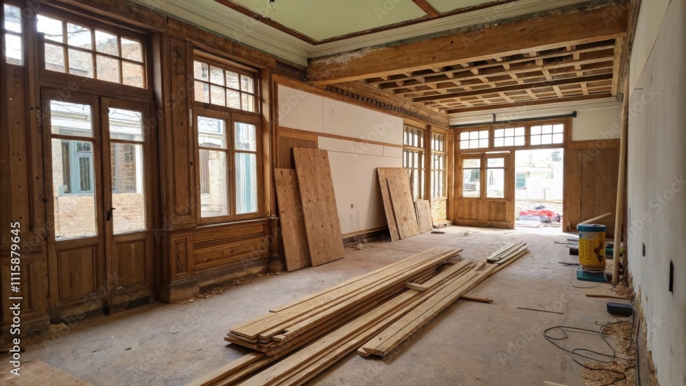 Poster an unrefined corner bursting with an array of wooden trim elements hinting at the underlying potenti