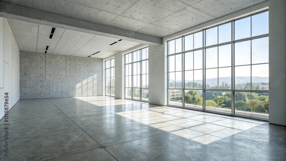 Poster an unoccupied space with light gray walls and polished concrete floors illuminated by natural light 