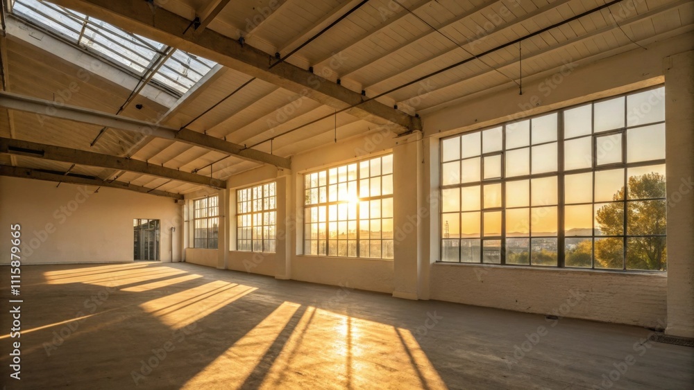 Poster An unfurnished area featuring a high ceiling where golden rays of afternoon sun stream through a large window casting gentle shadows on the walls.