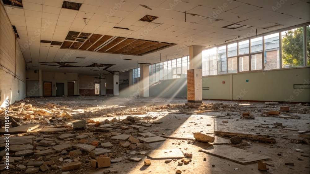 Aufkleber An unkempt floor strewn with bits of wall debris where sunlight highlights the jagged edges of broken materials beneath a halffinished ceiling suggesting restorative work to come.