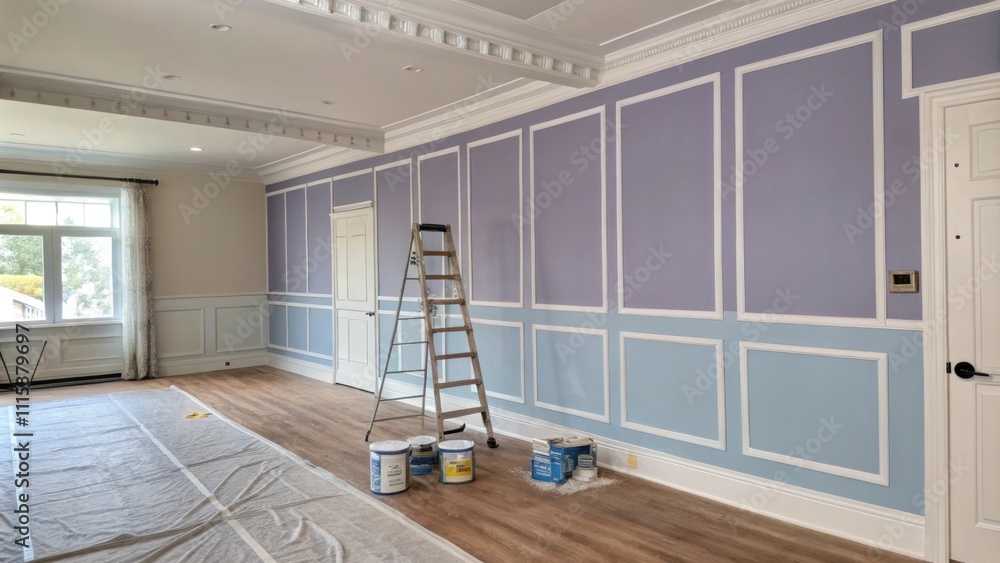 Poster an unfinished wall featuring a swath of cool lavenderblue color test the surrounding unpainted area 