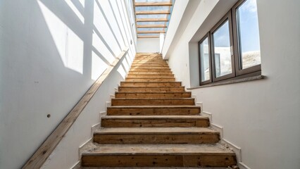 Fototapeta premium An upward angle of the staircase highlighting the juxtaposition of incomplete wooden treads and the bright white wall framing the scene evoking anticipation for final completion.