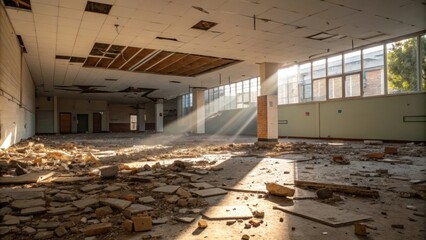 An unkempt floor strewn with bits of wall debris where sunlight highlights the jagged edges of broken materials beneath a halffinished ceiling suggesting restorative work to come.