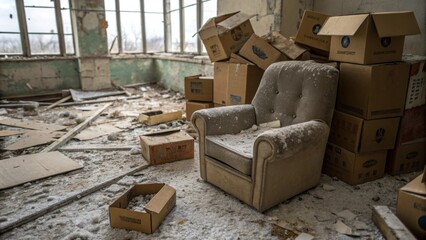 An unkempt pile of cardboard boxes filled with old fixtures and broken glass partially obscuring a wornout chair covered in dust.