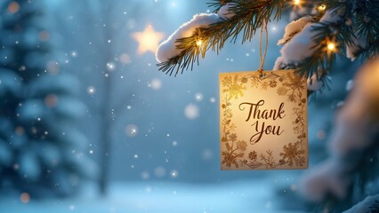 Elegant Golden Thank You Card Hanging on Snowy Christmas Tree Branch - Winter Holiday Festive Background