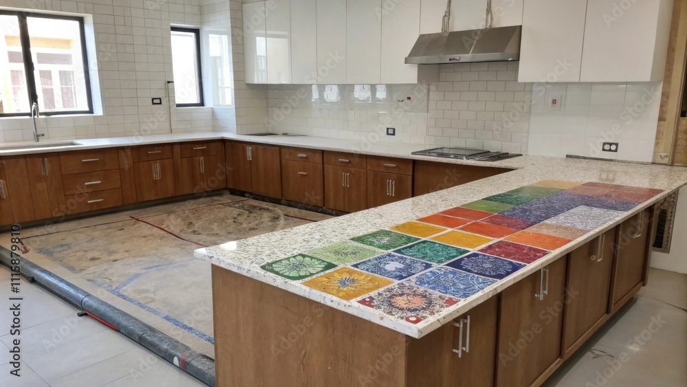 Aufkleber an unfinishedlooking kitchen area showcasing a polished countertop with empty space around it reveal