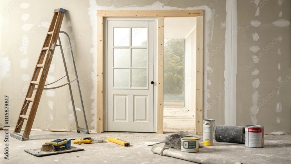 Poster An unfinished doorway featuring a simple rectangular frame surrounded by drywall waiting for paint with tools tered on the floor nearby.