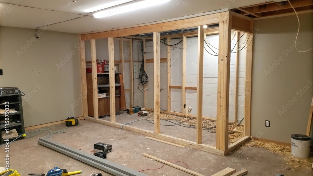 Aufkleber an unfinished closet project with a wooden frame structure revealing electrical wiring and a dustcov