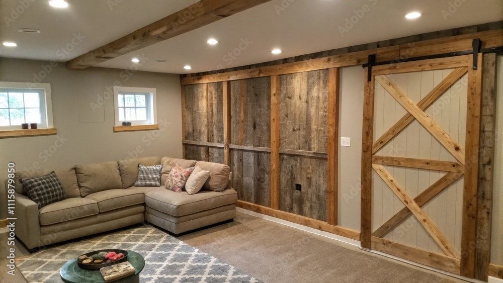 Poster an unfinished accent wall in a cozy corner where timber framing elements peek through unpainted spac