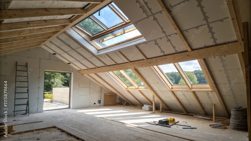 Poster an unfinished attic alcove featuring a large skylight that allows natural light to flood in contrast