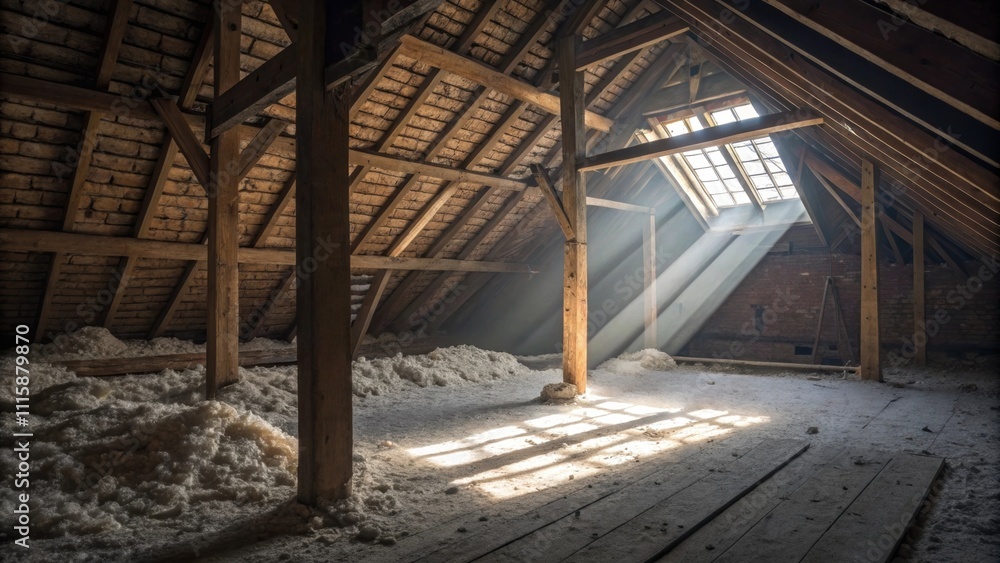 Aufkleber An unfinished attic scene showcasing the interplay of light and shadow cast by the structural beams with insulation piled in certain areas creating an atmospheric quality.