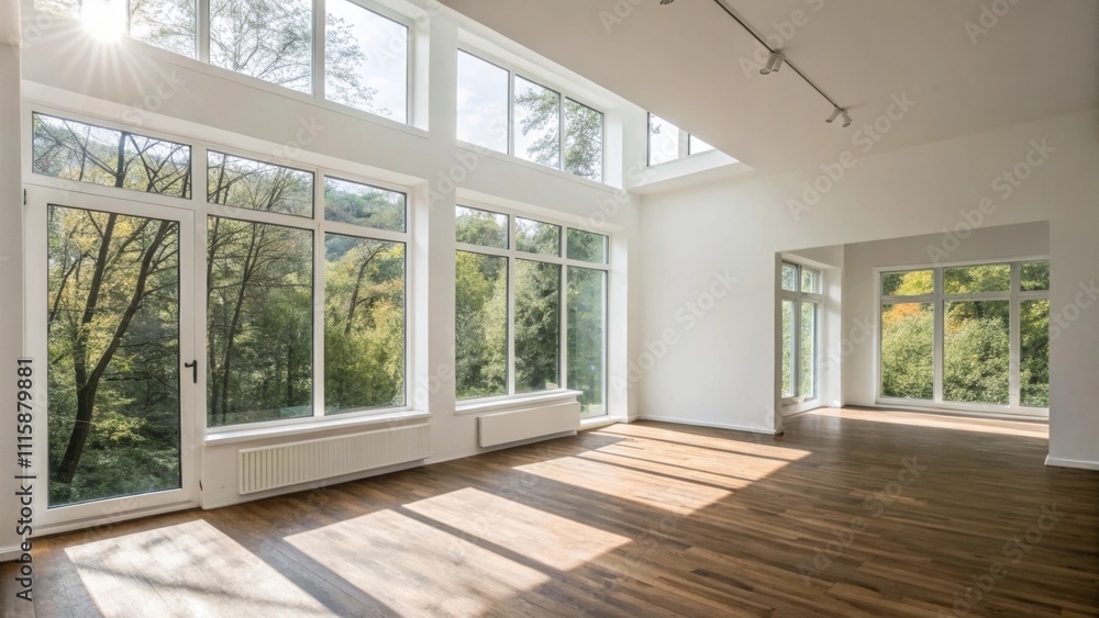Poster an uncluttered room with abundant natural light from expansive new windows featuring minimalist whit