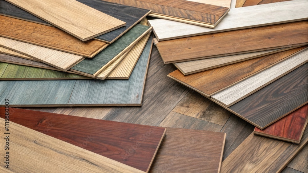 Aufkleber An overhead view of a jumbled mass of flooring planks piled haphazardly revealing a mix of colors and textures from multiple styles of laminate.