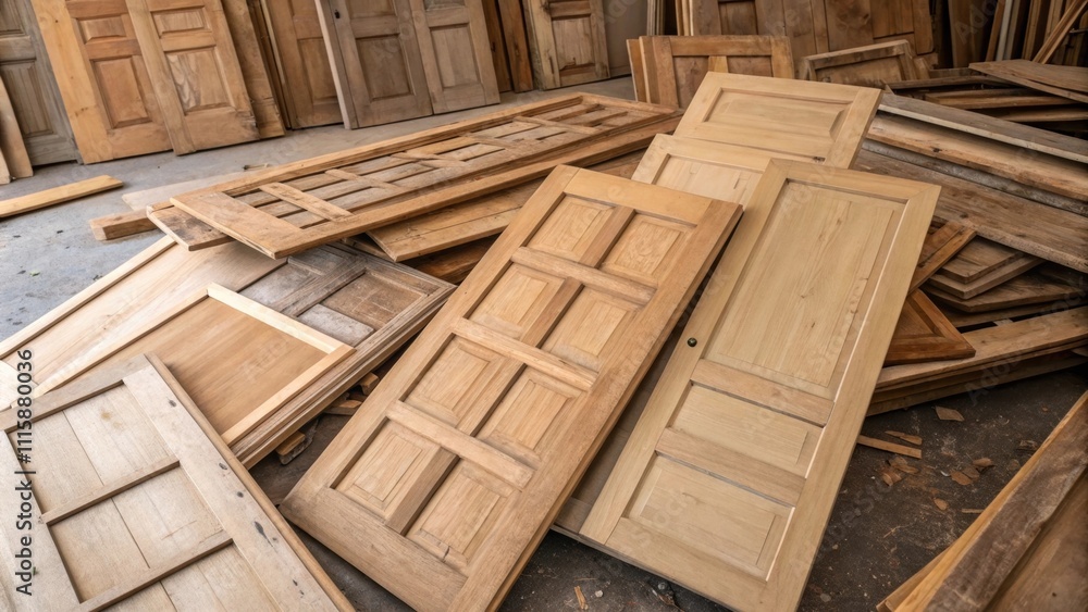 Poster An overhead view of a disorganized pile of unpainted wooden doors showcasing their varying sizes and the simplicity of raw materials.