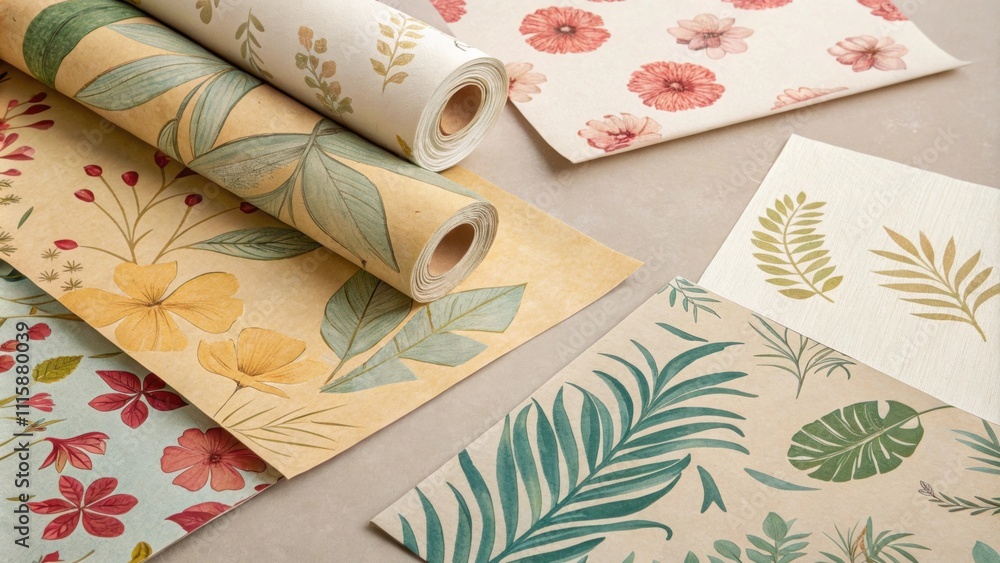 Poster An overhead shot of cled wallpaper pieces thrown down on a craft paper backdrop demonstrating a variety of textures and vibrant clashing colors.