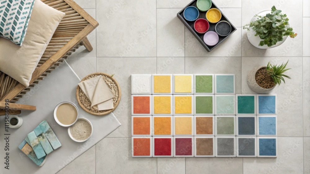 Poster an overhead shot of a colorful array of grout and adhesive arranged on a tiled floor with a backdrop