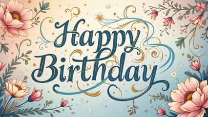 Obraz premium Whimsical Pastel Happy Birthday Illustration, Swirling Script, Floral Design, Gold Accents