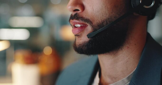 Call center, night or mouth of man for customer service, contact support or consulting in agency. Advisor, microphone closeup or telecom agent with headset for finance advice, talking or feedback