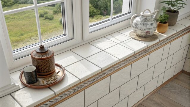 An overhead shot highlighting the edges of a window sill the freshly applied grout creating a clean modern look juxtaposed with traditional decor items.