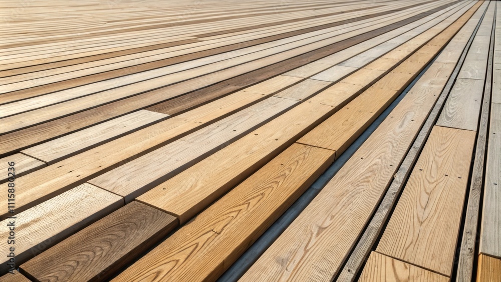 Poster An overhead shot capturing multiple rows of neatly aligned sanded wooden planks their surfaces reflecting varying tones of light.