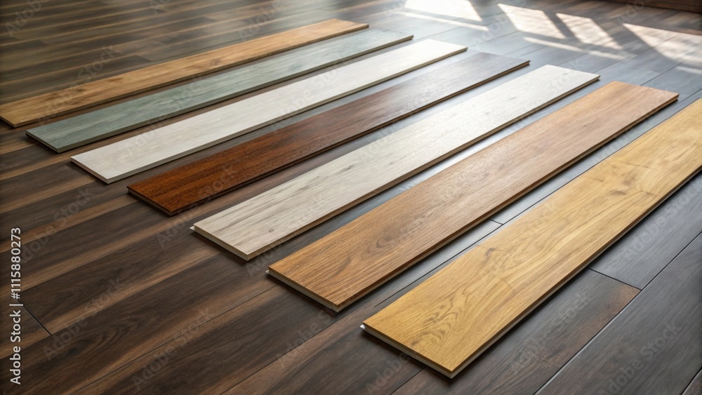 Aufkleber An overhead shot of multiple laminate boards of varying lengths and colors neatly arranged in a row across a polished hardwood floor casting small shadows.