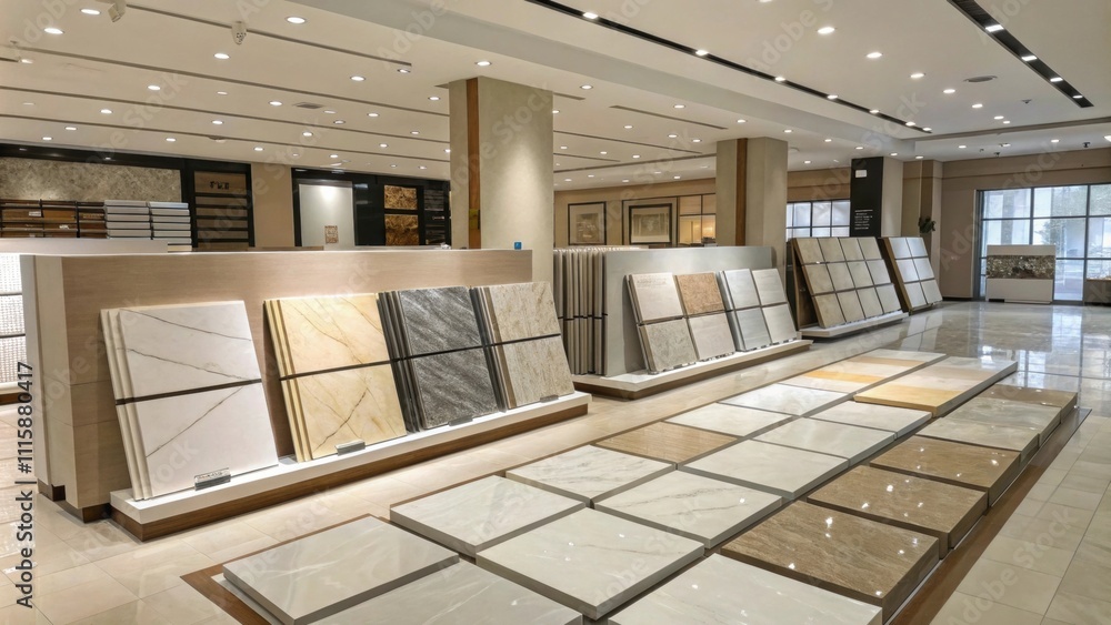 Poster An organized display of rectangular tiles showcasing a perfect blend of matte and shiny surfaces glistening under a soft ambient light in a spacious room.