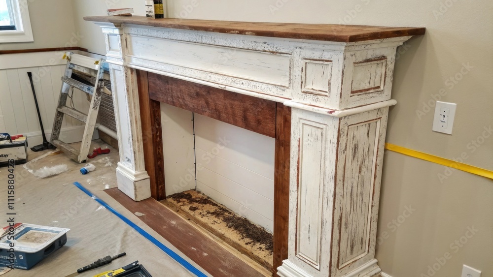 Aufkleber an ornate fireplace mantel with gilded accents in the process of being with a paint stripper can and