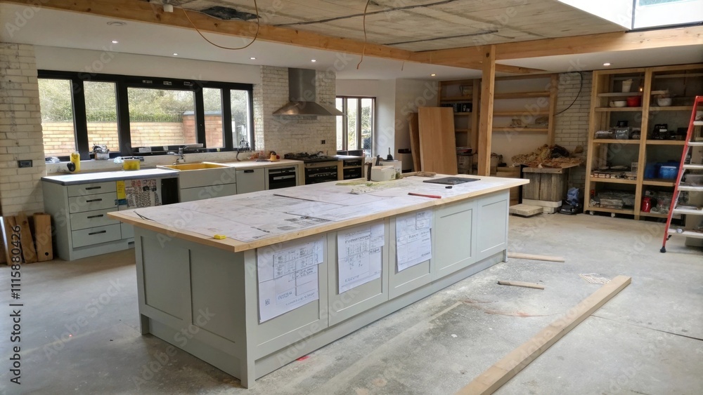Poster An openplan kitchen with a concrete floor where a large island is being built. Blueprints are laid out on the counter and the unfinished island is surrounded by various appliances