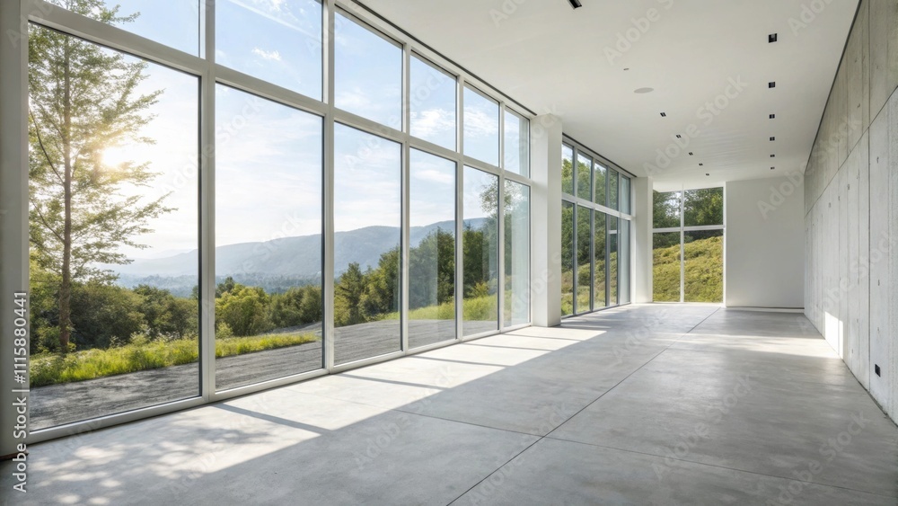 Poster an open room filled with light pouring in through wide clear glass windows highlighting smooth walls