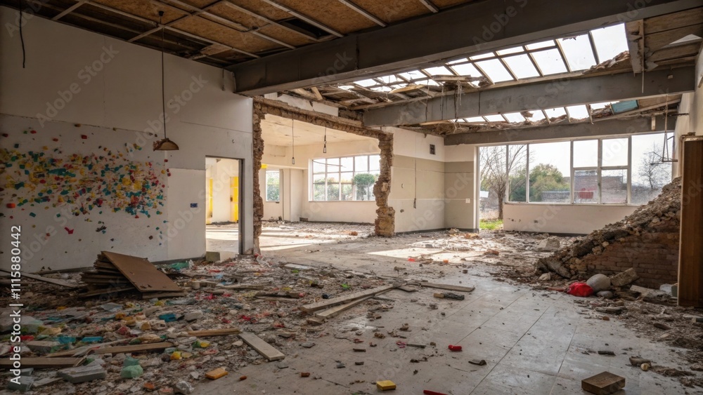 Poster An open room half demolished with a feature wall reduced to rubble fragments of wall tered like confetti creating a jumble of colors and textures.