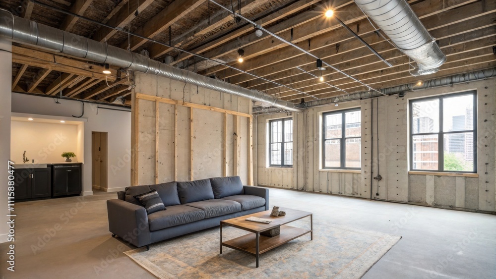 Poster an open loft space with unfinished drywall showcasing zigzagging wiring across the ceiling paired wi