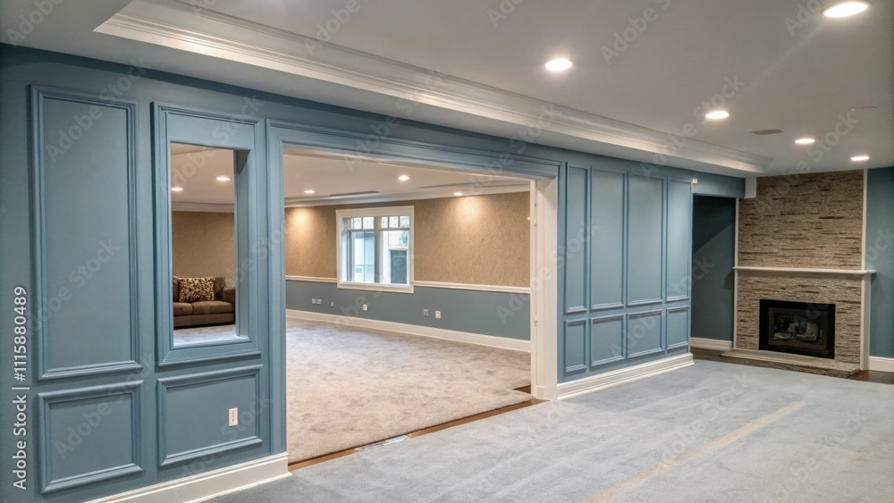 Poster an openconcept living room wall in muted blue tones featuring a precise opening in the center border
