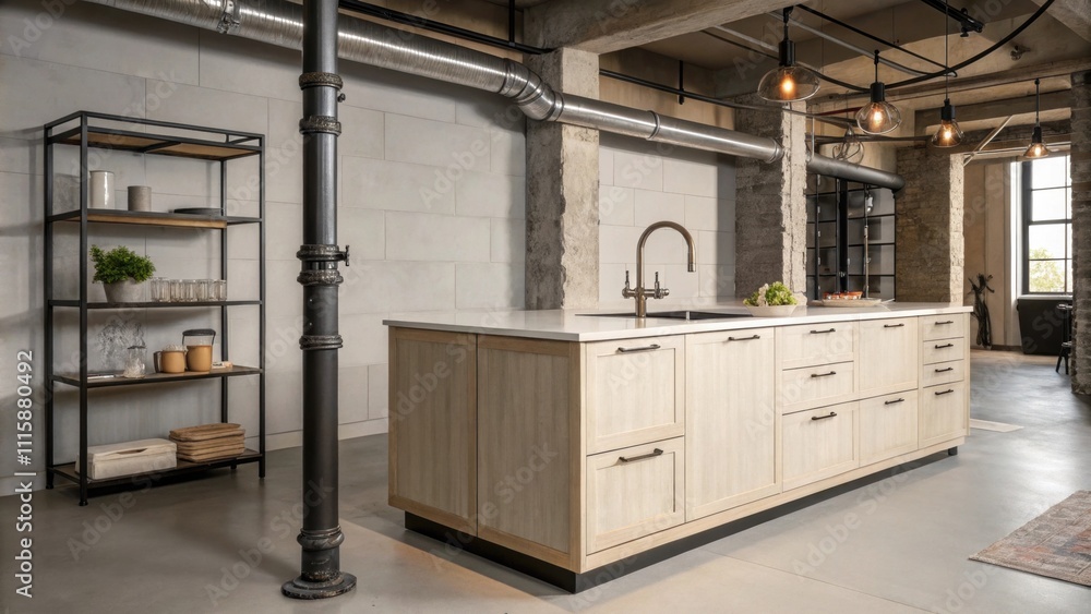 Poster an openconcept kitchen with a large island showcasing minimalist cabinetry and a stylish faucet abov