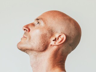 Naklejka premium Thoughtful bald man gazing upwards with a focused expression, highlighting introspection and contemplation against a neutral background in natural lighting