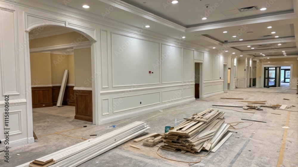 Leinwandbilder an open area with an untidy heap of baseboards and molding on the floor contrasting with freshly pai