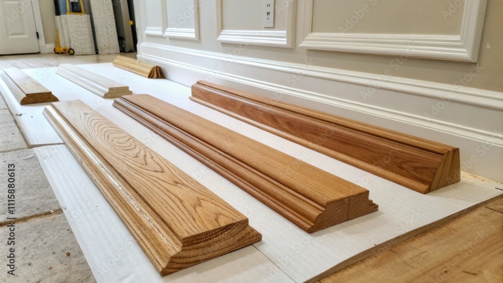 Leinwandbilder an inviting scene showing wooden baseboards in varying lengths resting on a pristine white surface r