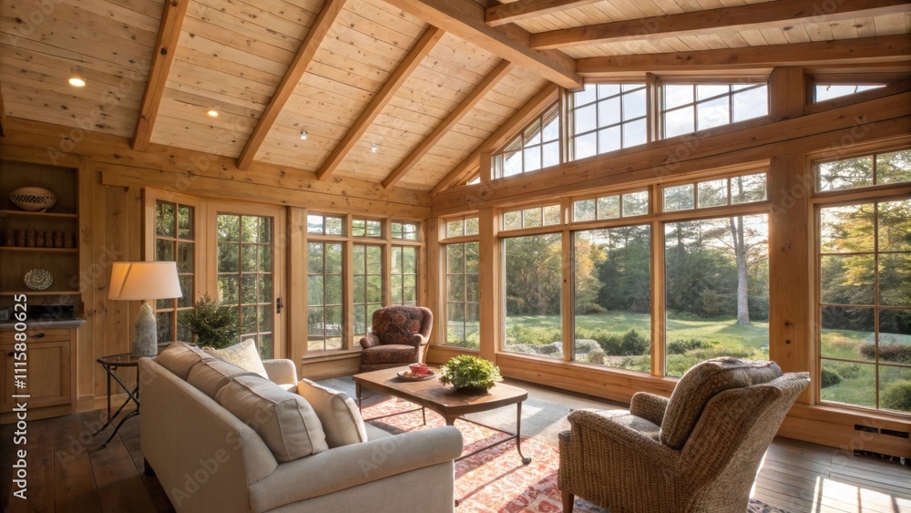 Poster an inviting sunroom featuring a ceiling of raw wooden beams surrounded by large windows and comforta