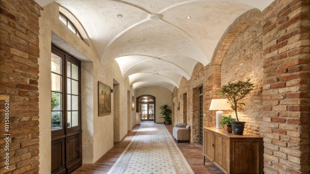 Aufkleber An inviting hallway with fresh plaster on the ceiling where the soft surface contrasts with the rustic charm of exposed brick walls below.