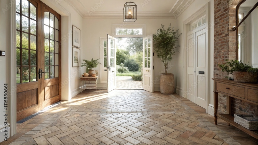 Poster an inviting entrance area with half of the floor completed in herringbone tiles brightened by natura