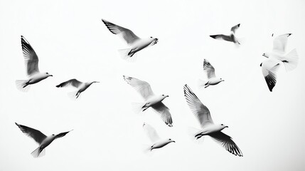 Fototapeta premium A black and white photo of a flock of birds flying in the sky.