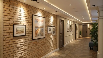 Obraz premium An inviting hallway adorned with a partially laid brick wall featuring framed artwork and soft modern lighting that highlights the texture of the bricks.