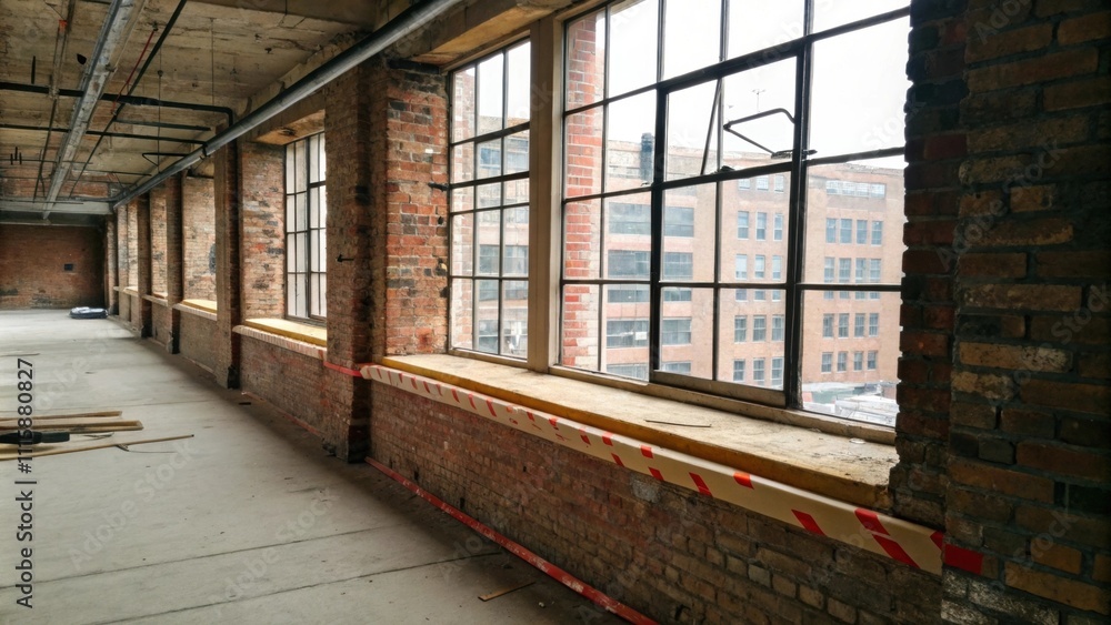 Aufkleber an industrialstyle window ledge lined with protective tape juxtaposed against exposed brick walls cr